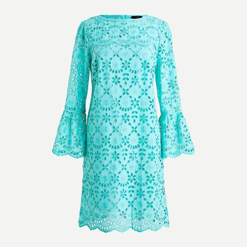 New! J Crew Aqua Blue Eyelet Bell Sleeve Short Summer Dress NWT